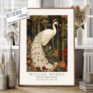 William Morris style bird print, William Morris White Peacock poster, Large Vintage wall art, Wildlife nature lover Illustration floral art