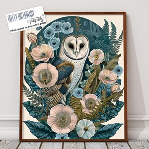 Owl Art Print, William Morris style garden bird print, Large Romantic Vintage style wall art, Wildlife nature lover, large pink floral decor
