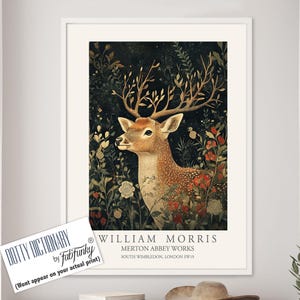 William Morris style Deer print, William Morris Stag poster, Woodland Illustration, Vintage style Botanical, large wall art forest animal