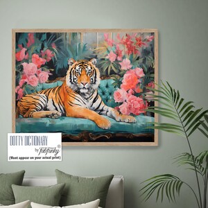Tiger Print, Whimsical Tiger On Sofa Art Print, Tiger Wall Art, watercolour animal painting, Boho Living Room grandmillenial topiary print