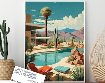 Mid Century Modern Print of Desert Landscape And Ranch House, , Palm Springs Patio Pool, Vintage Retro style decor wall art