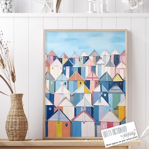 Bunter Strand Hut Kunstdruck, moderne Küstenwandkunst, Küstendruck, Strandhütte Dekor, nautisches Dekor für Küsten Wohnzimmer