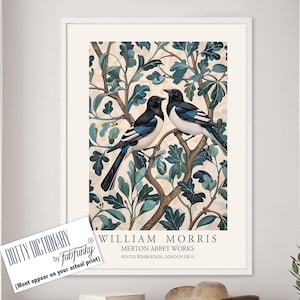 William Morris style bird print, Magpie Illustration, William Morris poster, Large Vintage style wall art, Wildlife nature lover d√©cor