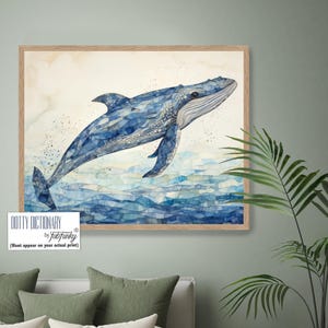 Impressão de arte de baleia moderna para casa costeira, arte de parede de baleia azul, arte de parede náutica para banheiro, decoração de casa de praia, paisagem subaquática