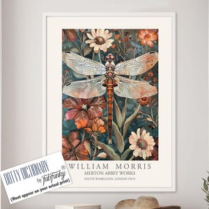 Dragonfly Print, William Morris style Illustration, William Morris Floral poster, Vintage style Botanical, dragonflies insect wall art gifts