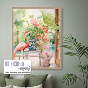 Pink Flamingo and Chinoiserie Ginger Jar Art Print, Tropical watercolour preppy hampton style wall art, Whimsical Grandmillenial Art Print