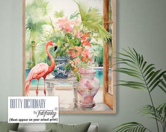 Pink Flamingo and Chinoiserie Ginger Jar Art Print, Tropical watercolour preppy hampton style wall art, Whimsical Grandmillenial Art Print