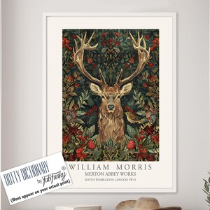 William Morris style Deer print, William Morris Stag poster, Woodland Illustration, Vintage style Botanical, large wall art forest animal