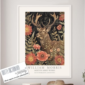 William Morris style Deer print, William Morris Stag poster, Woodland Illustration, Vintage style Botanical, large wall art forest animal