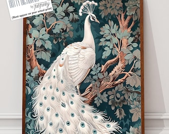 William Morris Style White Peacock Art Print, Floral Bird Poster