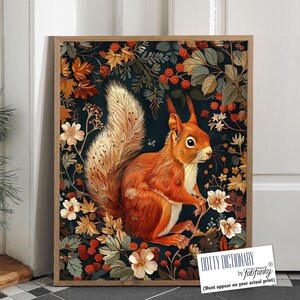 William Morris Style Squirrel Art Print, Floral Woodland Decor