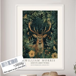 William Morris style Deer print, William Morris Stag poster, Woodland Illustration, Vintage style Botanical, large wall art forest animal