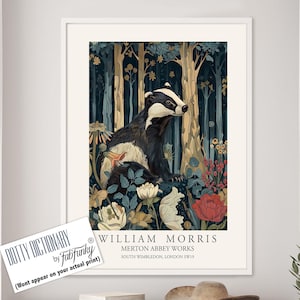 William Morris style print, William Morris poster, Badger Illustration, Vintage style Botanical poster, Woodland William Morris wall art