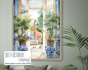 Giraffe Art Print ,, Blau und Weiß Preppy Stil Chic Chinoiserie Decor, Hamtons Stil, Tier Wohnzimmer Sommer Wandkunst
