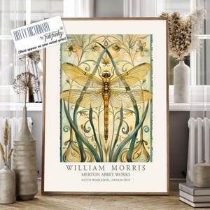Dragonfly Print, William Morris style Illustration, William Morris Floral poster, Vintage style Botanical, dragonflies insect wall art gifts