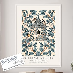 William Morris style bird print, Dovecot Illustration, William Morris poster, Large Vintage style wall art, Wildlife nature lover, birdhouse