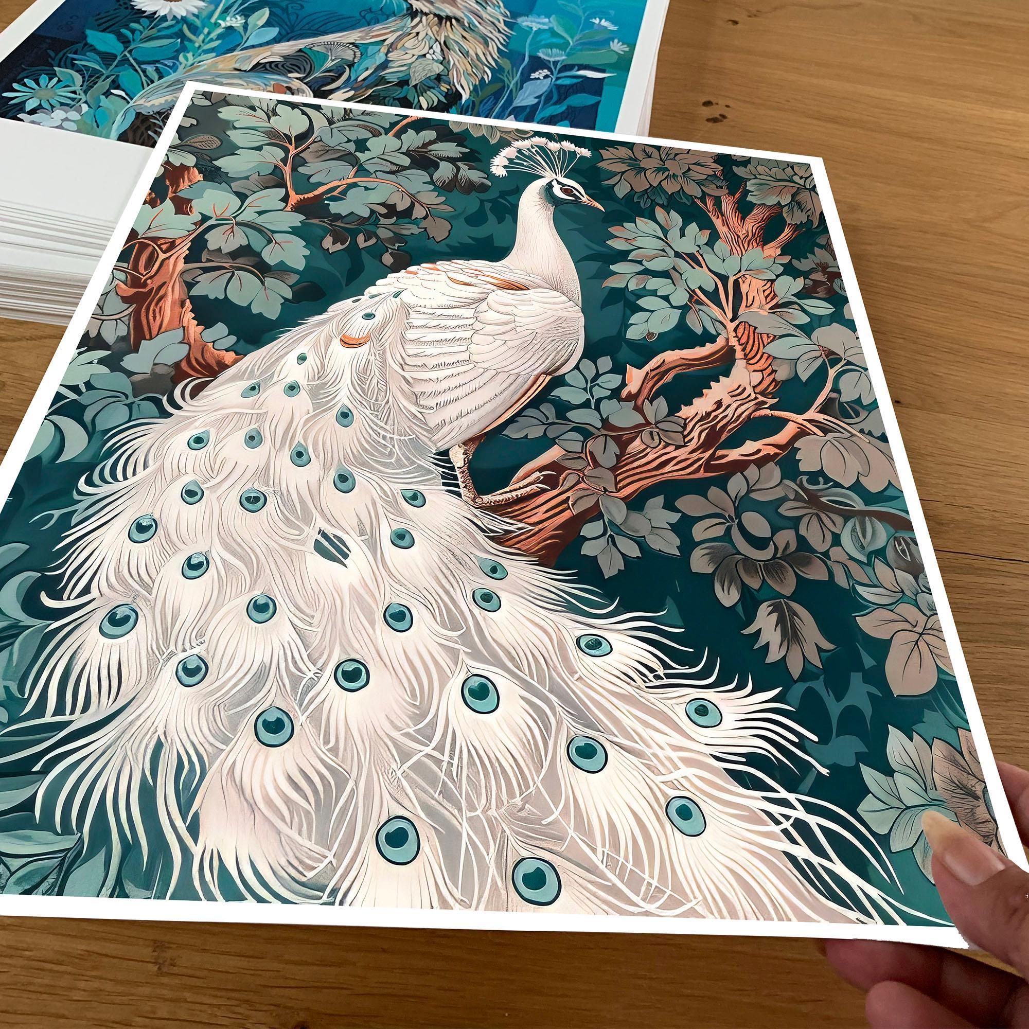 William Morris Style White Peacock Art Print, Floral Bird Poster