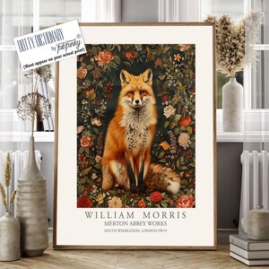 William Morris style print, William Morris poster, Fox Illustration, Vintage style Botanical poster, Woodland William Morris wall art animal