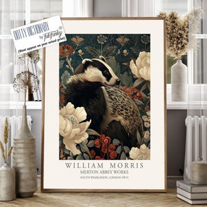William Morris style print, William Morris poster, Badger Illustration, Vintage style Botanical poster, Woodland William Morris wall art