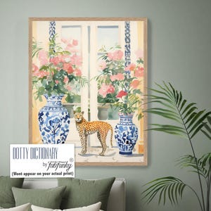 Leopard and Chinoiserie Ginger Jars Art Print, Tropical watercolour preppy hampton style wall art, Whimsical Grandmillenial Art Print
