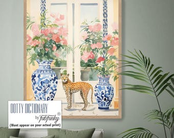Lámina artística de leopardo y jarrones de jengibre, acuarela de estilo chinoiserie tropical.