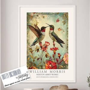 William Morris style bird print,  William Morris Hummingbird poster, Large Vintage wall art, Wildlife nature lover Illustration elegant art