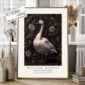 William Morris style bird print, White Goose Large Vintage Botanical wall art, Wildlife nature Illustration, Floral Bird Art poster