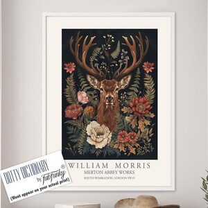 William Morris style Deer print, William Morris Stag poster, Woodland Illustration, Vintage style Botanical, large wall art forest animal
