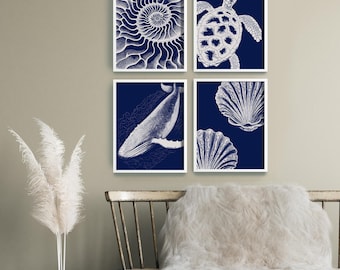Láminas de arte náutico azul marino, conjunto de tortuga marina, ballena y conchas.