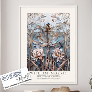 Dragonfly Print, William Morris style Illustration, William Morris Floral poster, Vintage style Botanical, dragonflies insect wall art gifts
