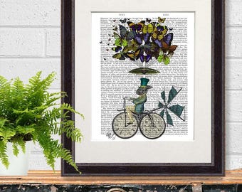 Rabbit picture, Time Flies Rabbit, Whimsical art print, Bunny poster, Steampunk wall art, Butterfly painting, Dictionary print , Clock art