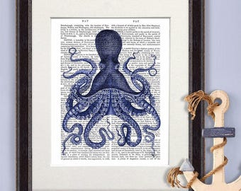 Kitchen signs - Blue Octopus 3 -  Wall art for kitchen Office gift for men Office gift for boss Cool office gifts Gift for boyfriend Uk shop