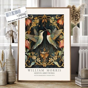 William Morris style bird print,  William Morris Hummingbird poster, Large Vintage wall art, Wildlife nature lover Illustration elegant art