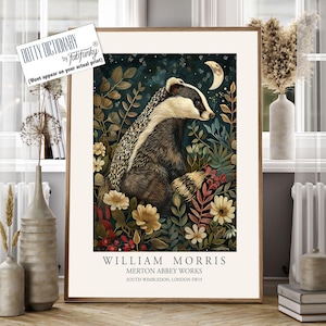 William Morris style print, William Morris poster, Badger Illustration, Vintage style Botanical poster, Woodland William Morris wall art