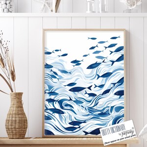 Modern Abstract Coastal Wall Art Print, Blue and White Fish Paintings, Sea Life Art Prints, Ocean life art, nautical style home, fishing art