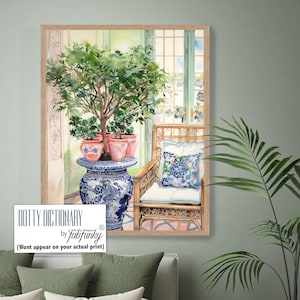 Chinoiserie Ginger Jar Watercolour Art Print, Pink and Green Decor, Whimsical Grandmillenial Art Print, Topiary wall art