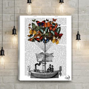Butterfly vintage airship art print, Butterflies wall art, Colorful artwork, Lake house decor, Book page recycled, Big canvas poster