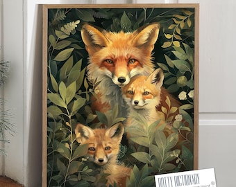 Fox Family Art Print, William Morris Style, Botanical Woodland