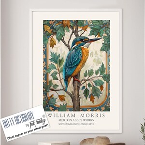 William Morris style bird print, Kingfisher Illustration, William Morris poster, Large Vintage style wall art, Wildlife nature lover decor