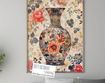 Floral Chinoiserie Vase Print, William Morris Style, Vintage Wall Art