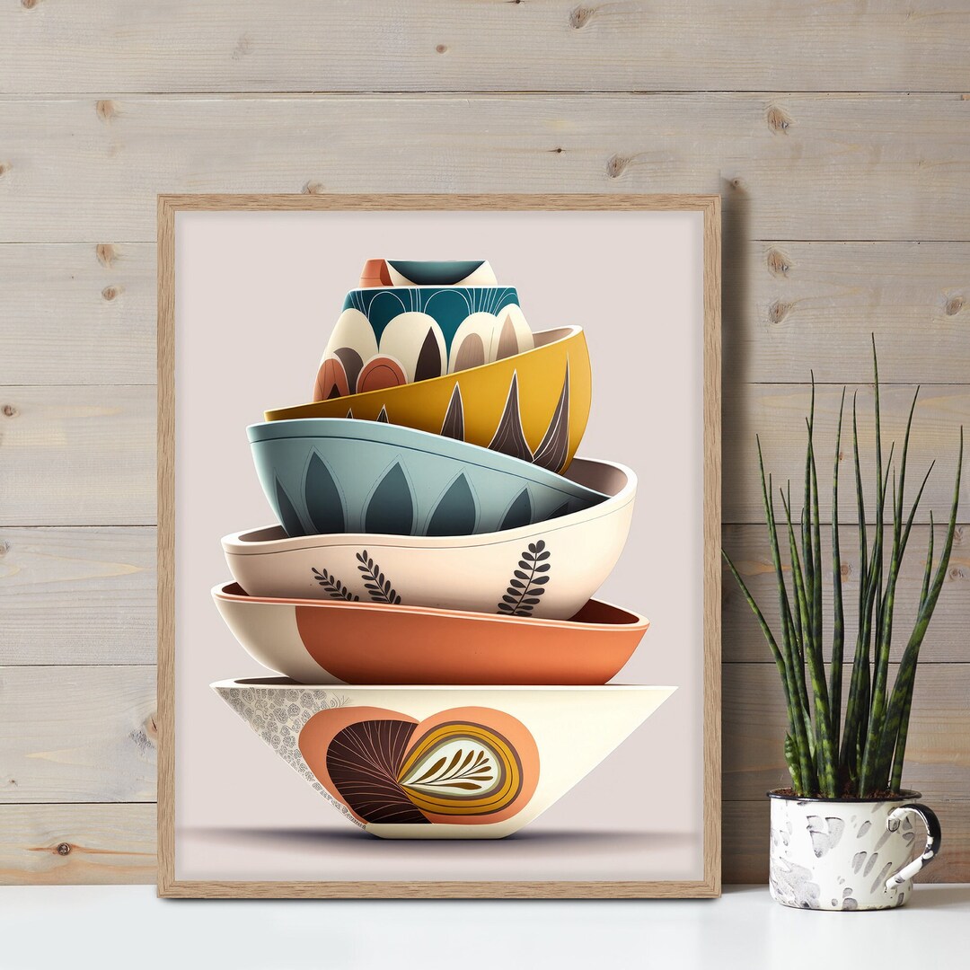 Retro Kitchen Art Print, of Mid Century Modern Scandi Style Bowls