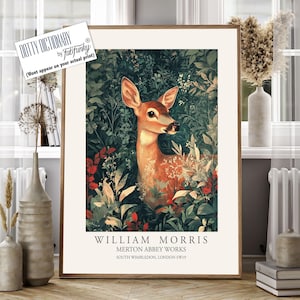 William Morris style Deer print, William Morris Doe poster, Woodland Illustration, Vintage style Botanical, large wall art forest animal