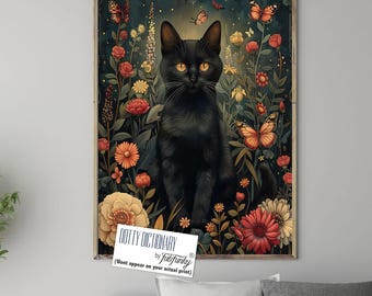 長毛の黒猫のアートプリント、ヴィンテージ風の花柄ポスター - Etsy 日本