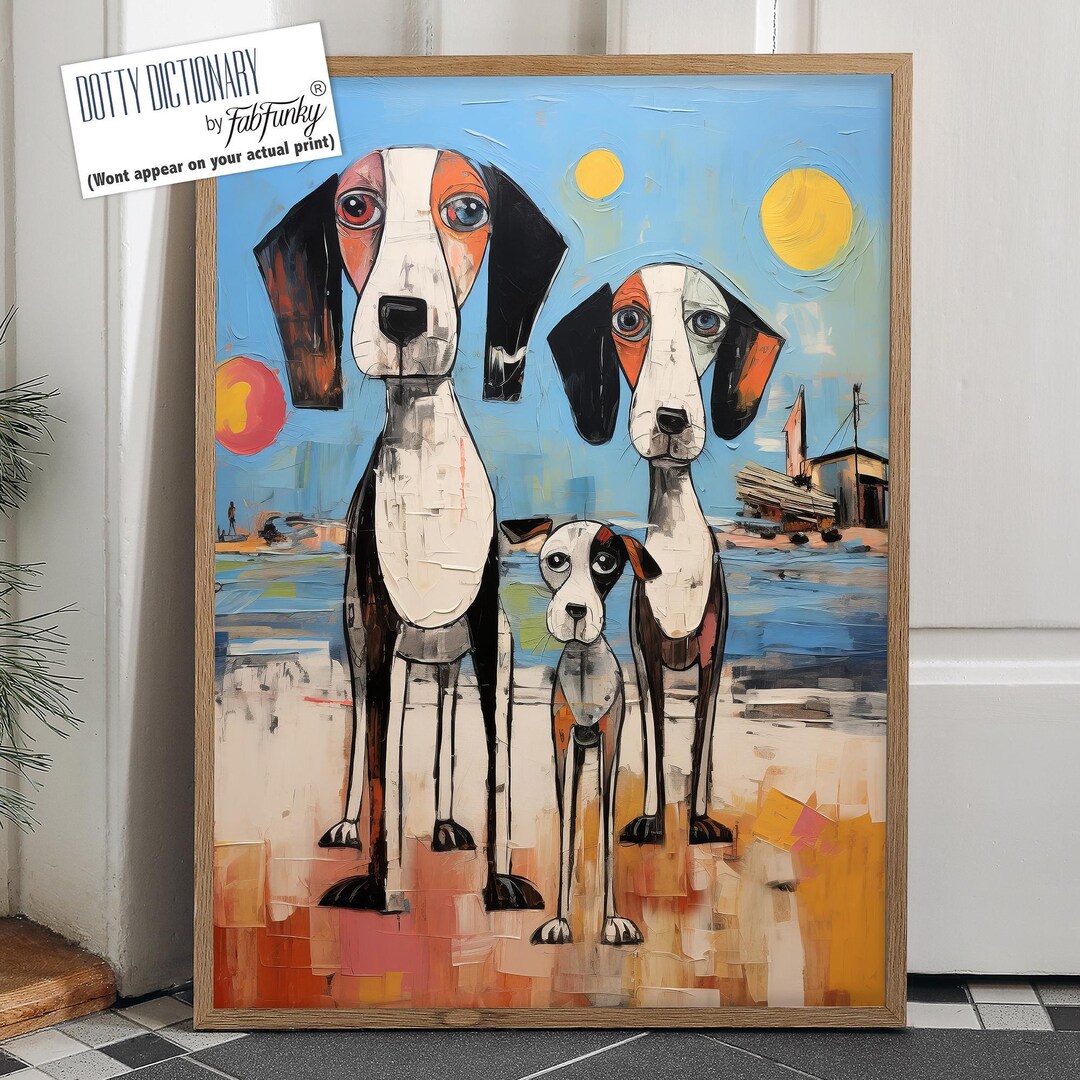 Funky Beach Dogs Art Print, Modern Coastal Giclee, Whimsical Wall