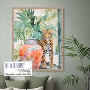 Leopard and Chinoiserie Ginger Jar Art Print, Tropical watercolour preppy hampton style wall art, Whimsical Grandmillenial Art Print