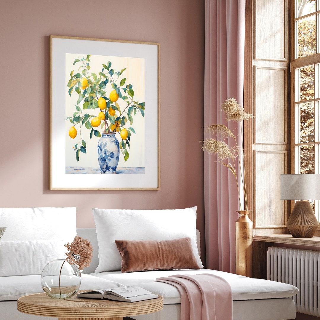 Lemon Tree Art Print Chinoiserie Style Decor, Blue and Lemon Wall Art ...