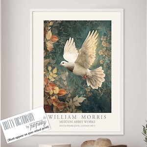 William Morris style bird print, White Dove Large Vintage Botanical wall art, Wildlife nature Illustration, Garden Birds Floral Art poster