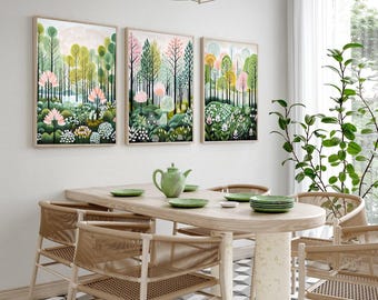 Modern Forest Painting Gallery Wall Set of 3 Art Prints, Cabin
