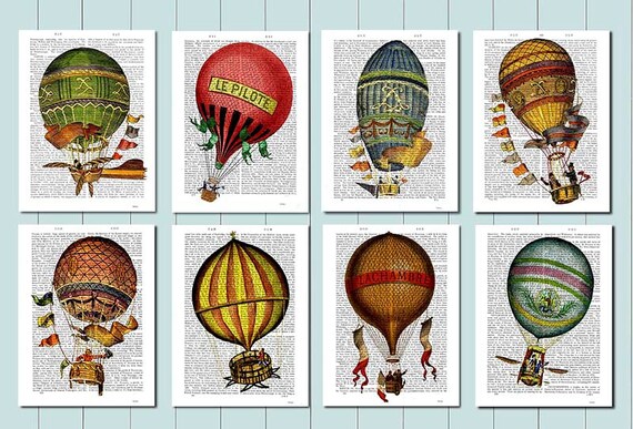 Set of 8 Hot Air Balloon Prints Balloon Illustration wall | Etsy