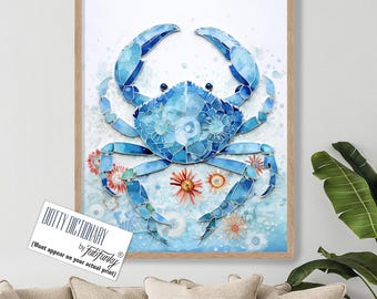Blue Crab Art Print, Coastal Beach House Decor